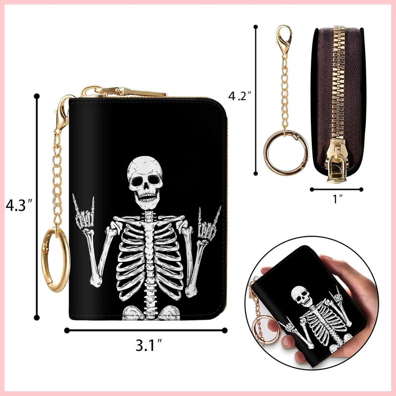 Blusabaca RFID Credit Card Holder Wallets for Women, Small Card Case Wallet with Keychain and Zipper, Skull Skeleton Rock Funny Leather Card Holder Pocket Business Accordion Wallet - Image 3